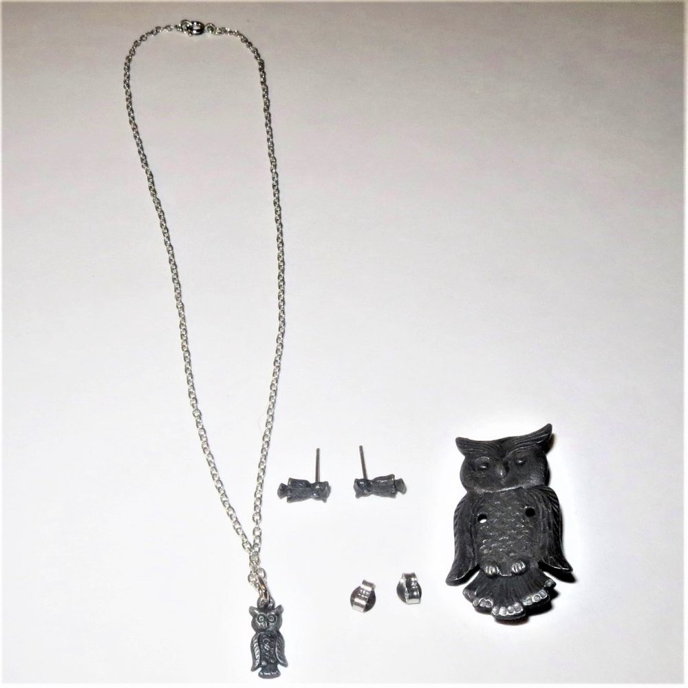 Pewter Owl Jewelry Set: 15" Choker Necklace Earrings & Brooch Vintage Boho
